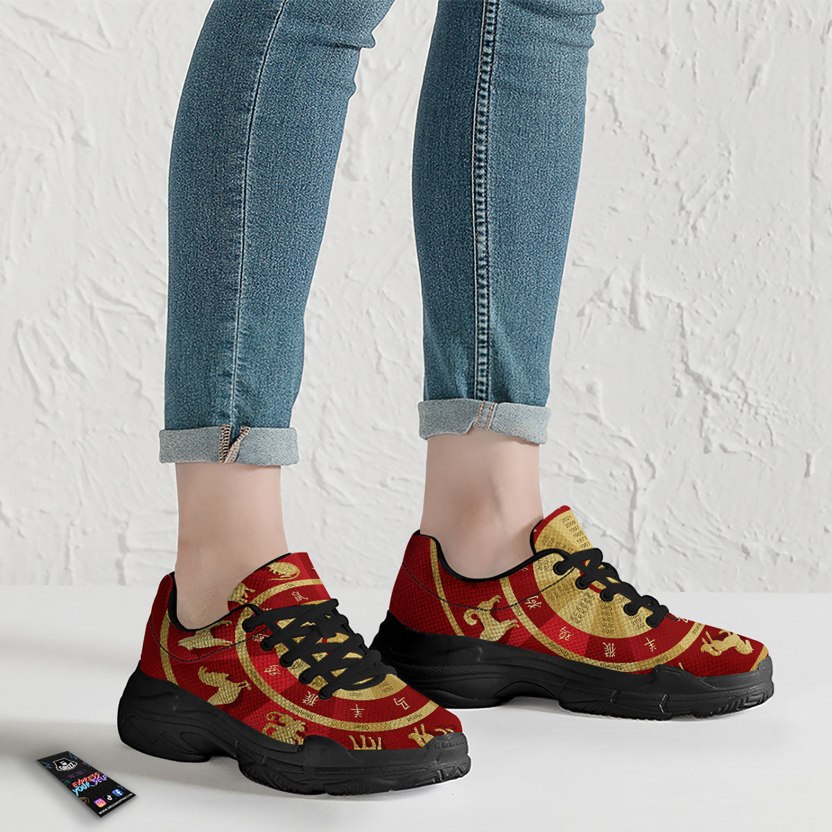 Zodiac Wheel Red Chinese Print Black Chunky Shoes-grizzshop