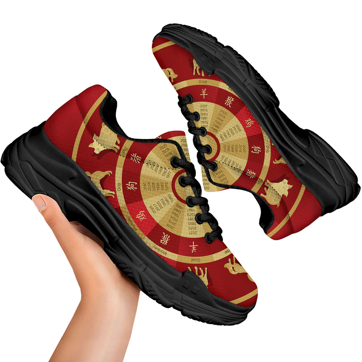 Zodiac Wheel Red Chinese Print Black Chunky Shoes-grizzshop