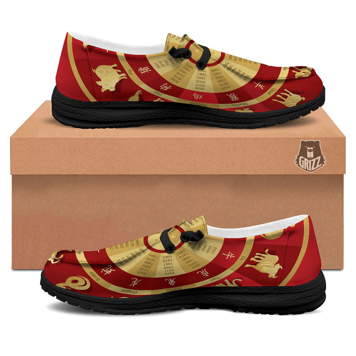 Zodiac Wheel Red Chinese Print Black Loafers-grizzshop