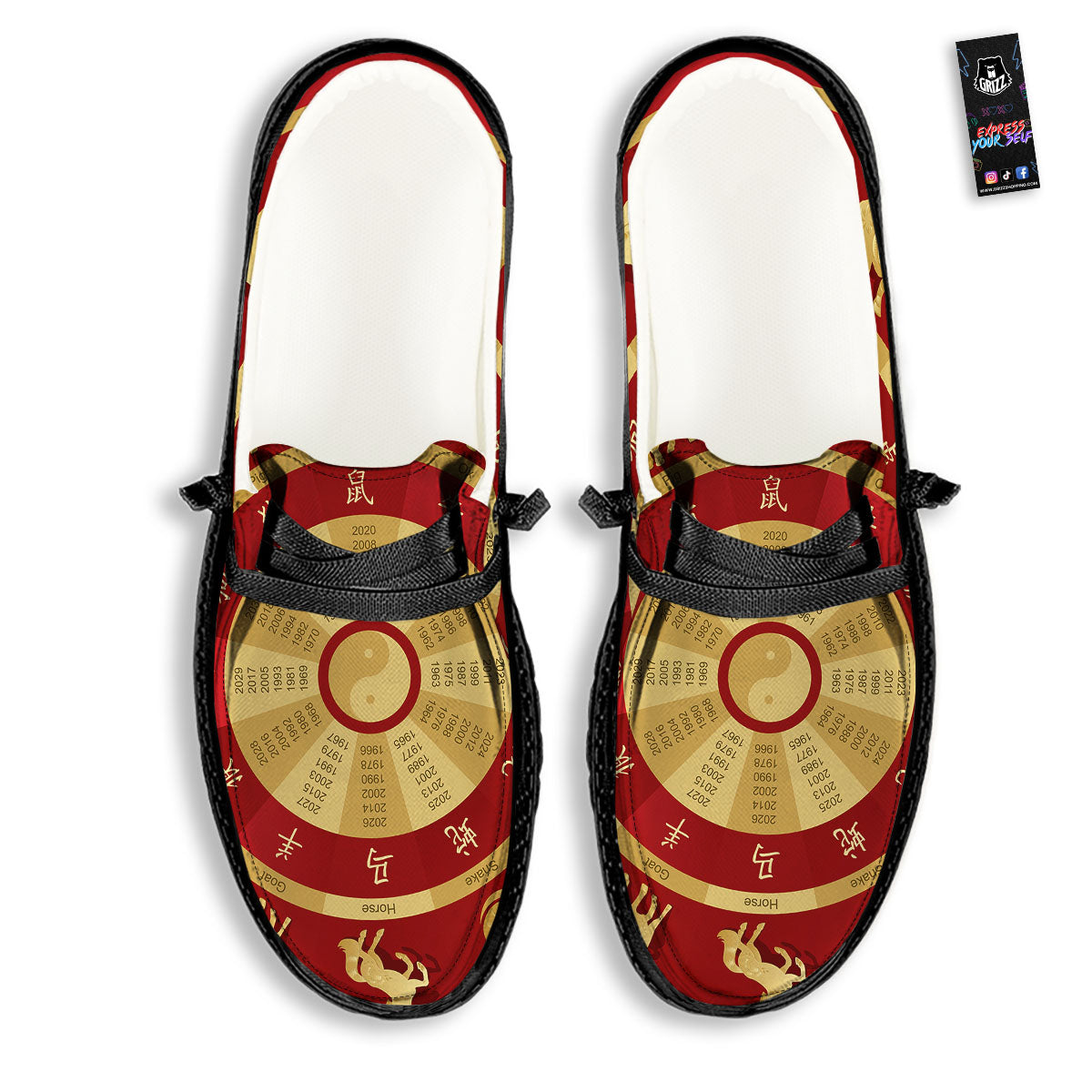 Zodiac Wheel Red Chinese Print Black Loafers-grizzshop