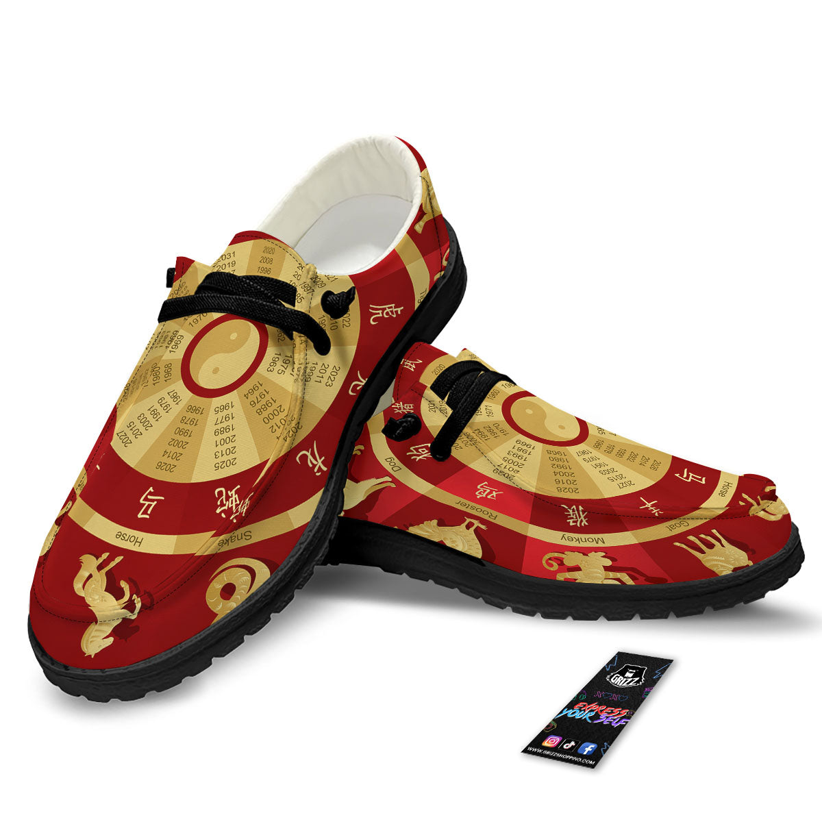 Zodiac Wheel Red Chinese Print Black Loafers-grizzshop