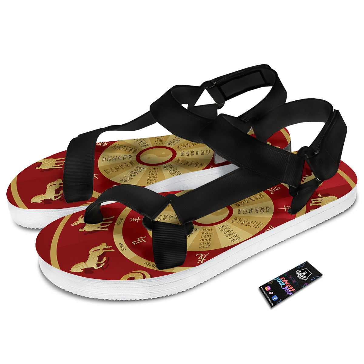 Zodiac Wheel Red Chinese Print Black Open Toe Sandals-grizzshop