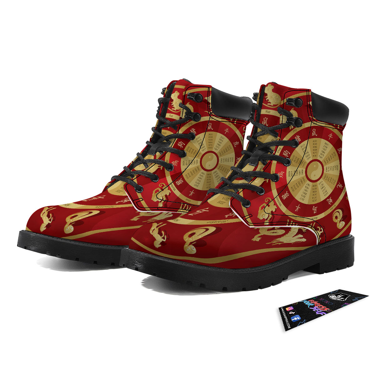 Zodiac Wheel Red Chinese Print Boots-grizzshop