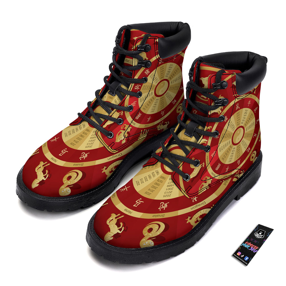Zodiac Wheel Red Chinese Print Boots-grizzshop