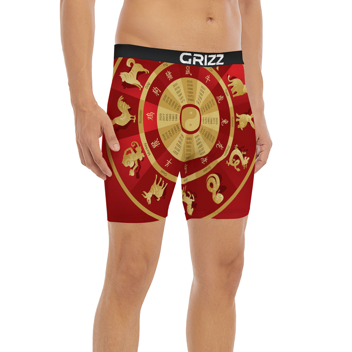 Zodiac Wheel Red Chinese Print Boxer Briefs-grizzshop