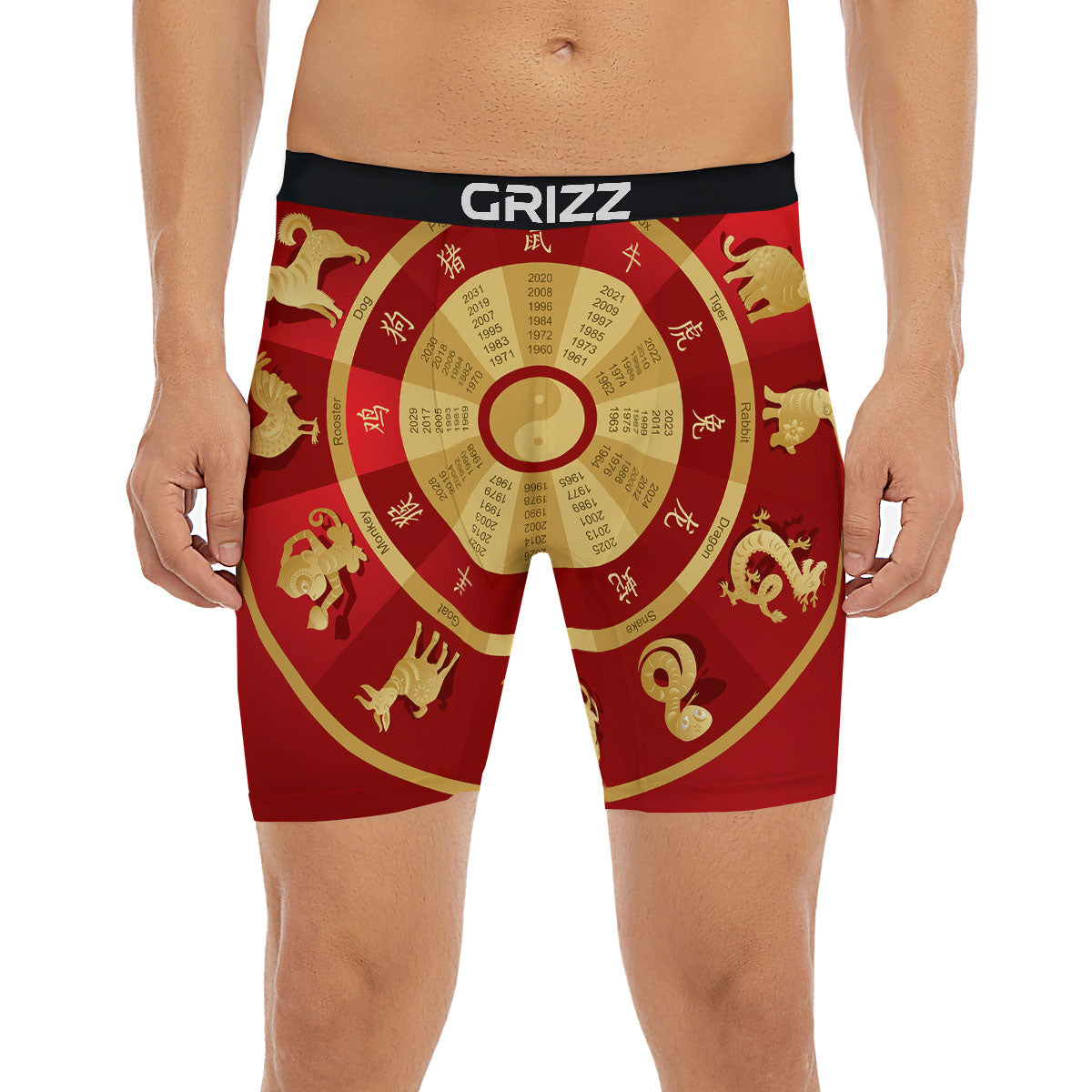 Zodiac Wheel Red Chinese Print Boxer Briefs-grizzshop