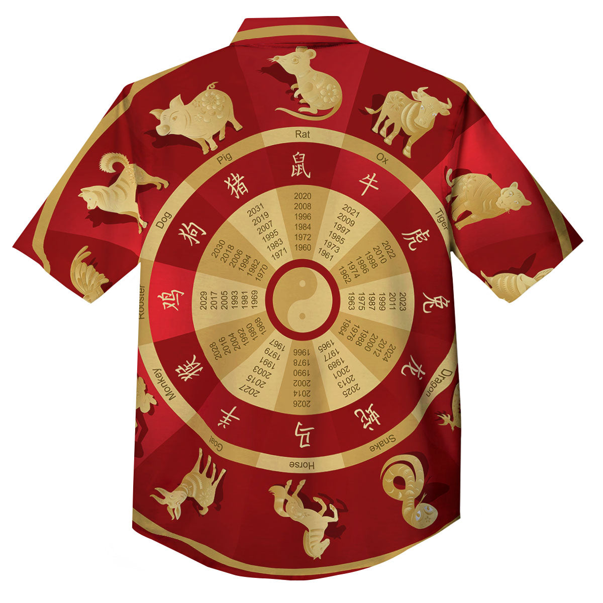 Zodiac Wheel Red Chinese Print Button Up Shirt-grizzshop