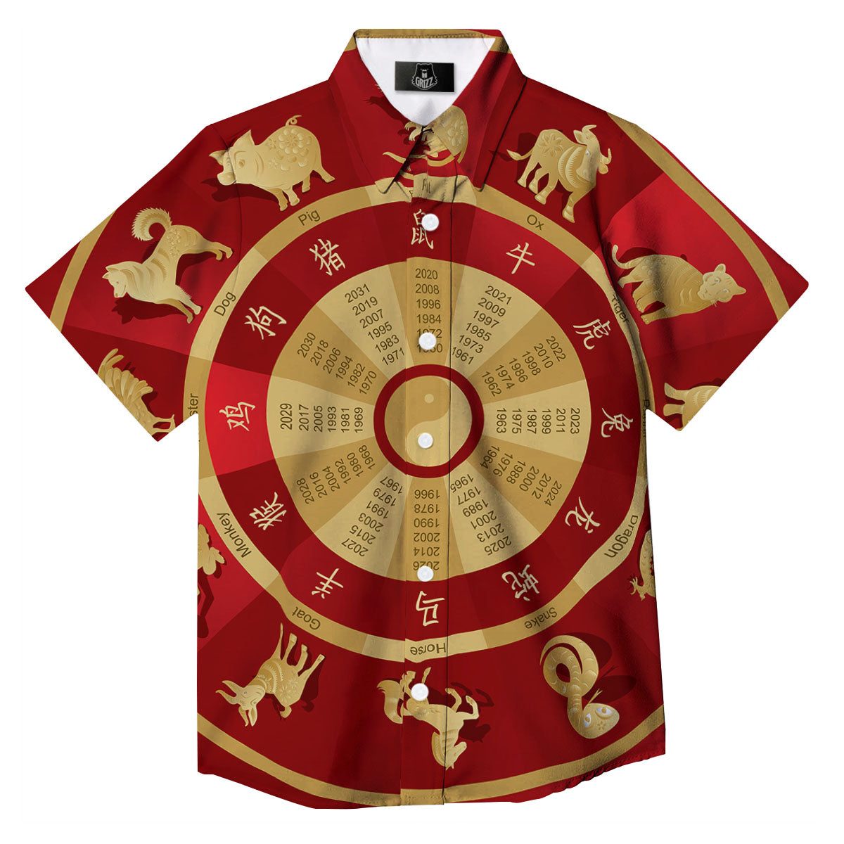 Zodiac Wheel Red Chinese Print Button Up Shirt-grizzshop