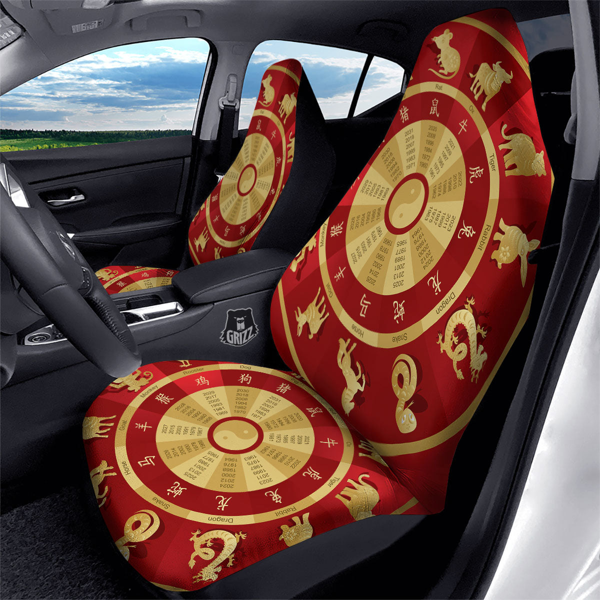 Zodiac Wheel Red Chinese Print Car Seat Covers-grizzshop