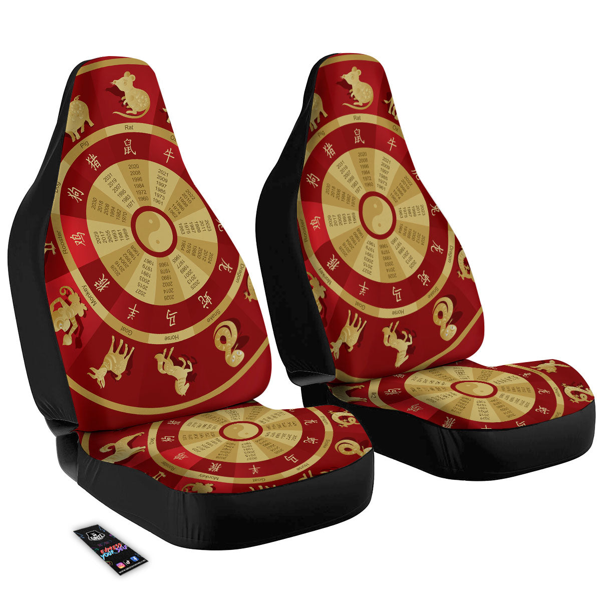 Zodiac Wheel Red Chinese Print Car Seat Covers-grizzshop