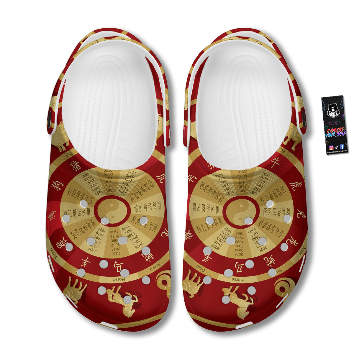 Zodiac Wheel Red Chinese Print Clog-grizzshop