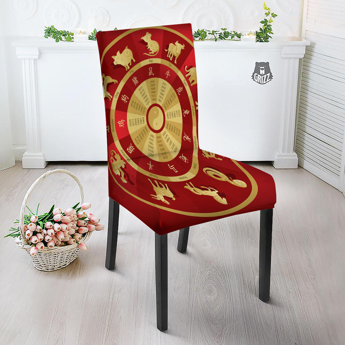 Zodiac Wheel Red Chinese Print Dining Chair Slipcover-grizzshop