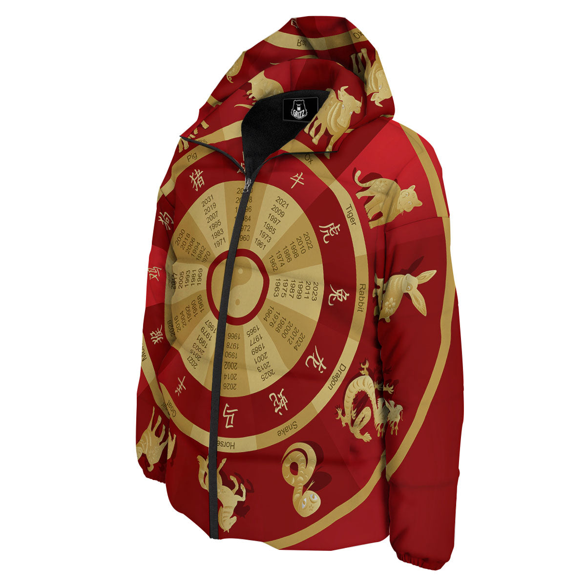 Zodiac Wheel Red Chinese Print Down Jacket-grizzshop