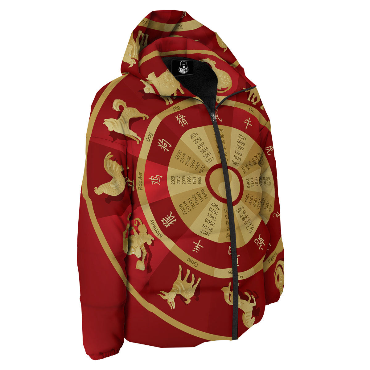 Zodiac Wheel Red Chinese Print Down Jacket-grizzshop