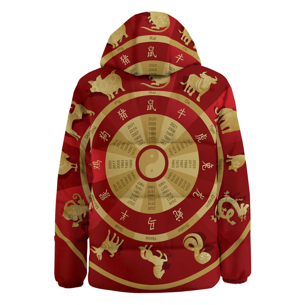 Zodiac Wheel Red Chinese Print Down Jacket-grizzshop