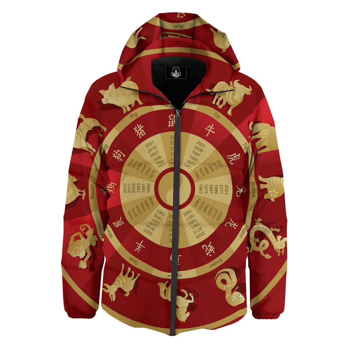 Zodiac Wheel Red Chinese Print Down Jacket-grizzshop