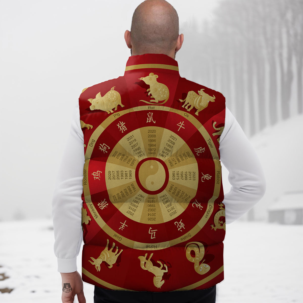 Zodiac Wheel Red Chinese Print Down Vest