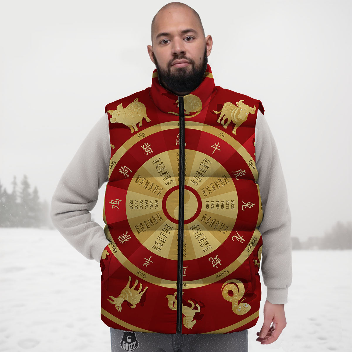 Zodiac Wheel Red Chinese Print Down Vest