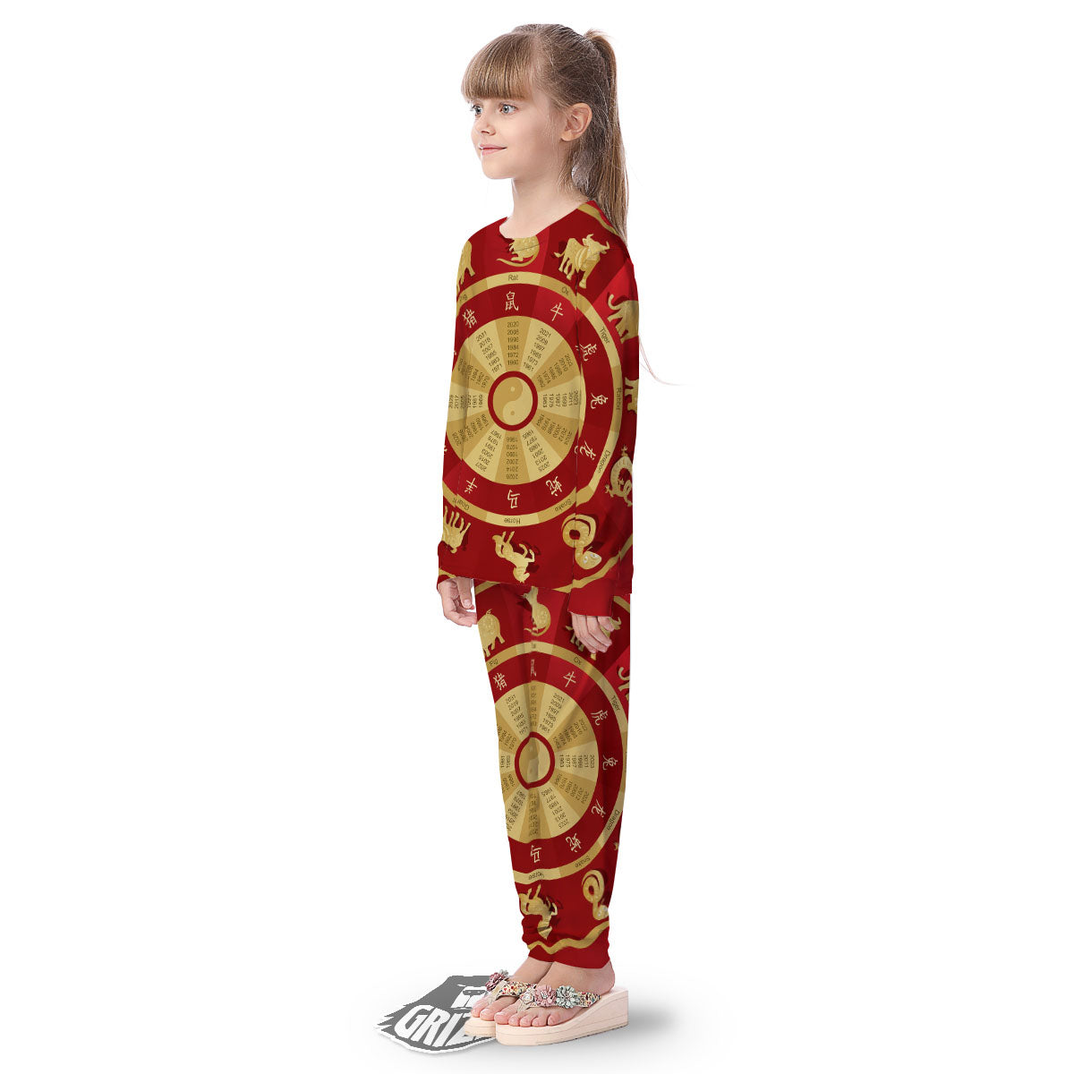 Zodiac Wheel Red Chinese Print Kid's Pajamas-grizzshop
