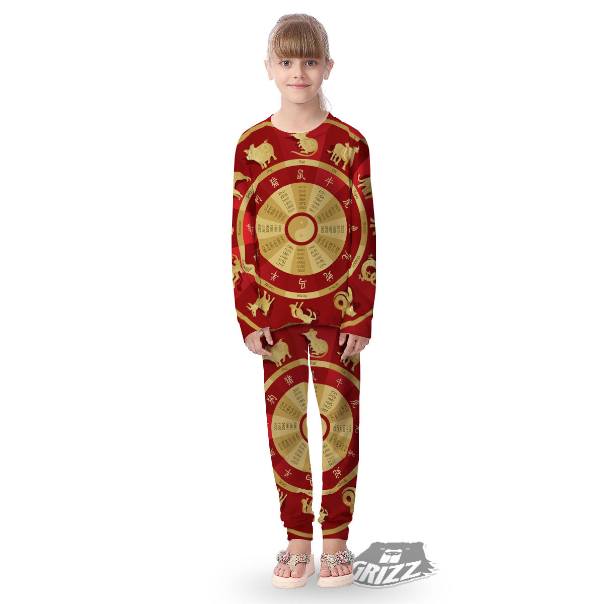 Zodiac Wheel Red Chinese Print Kid's Pajamas-grizzshop