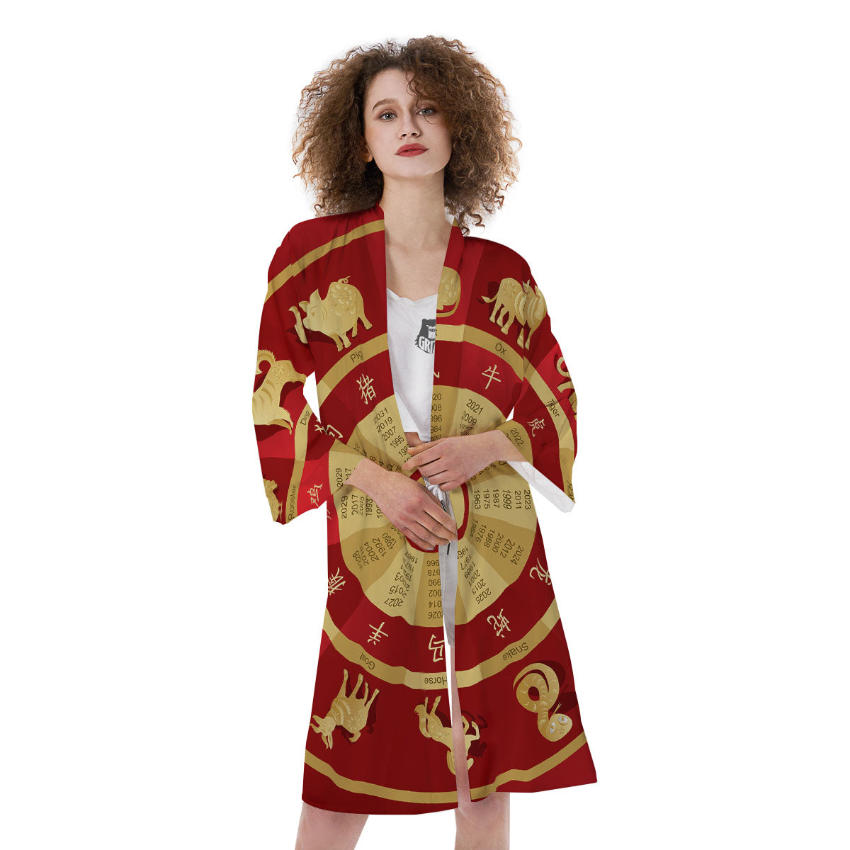 Zodiac Wheel Red Chinese Print Kimono-grizzshop