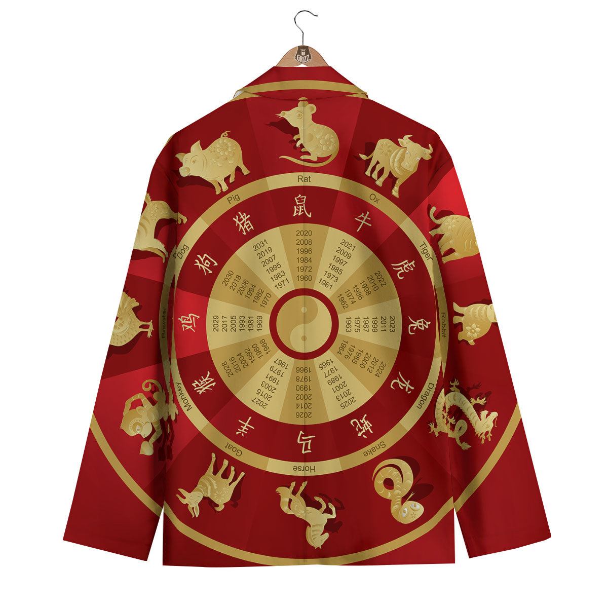 Zodiac Wheel Red Chinese Print Men's Blazer-grizzshop