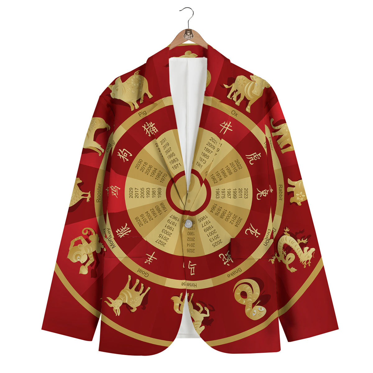 Zodiac Wheel Red Chinese Print Men's Blazer-grizzshop