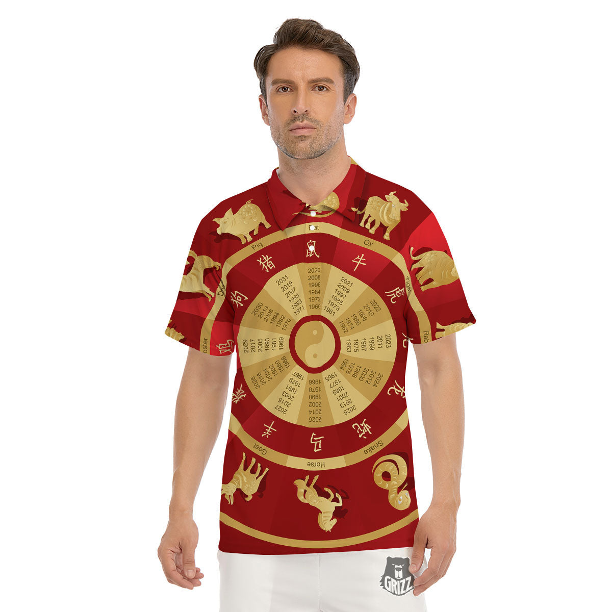 Zodiac Wheel Red Chinese Print Men's Golf Shirts-grizzshop