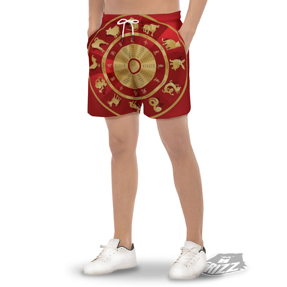 Zodiac Wheel Red Chinese Print Men's Gym Shorts-grizzshop
