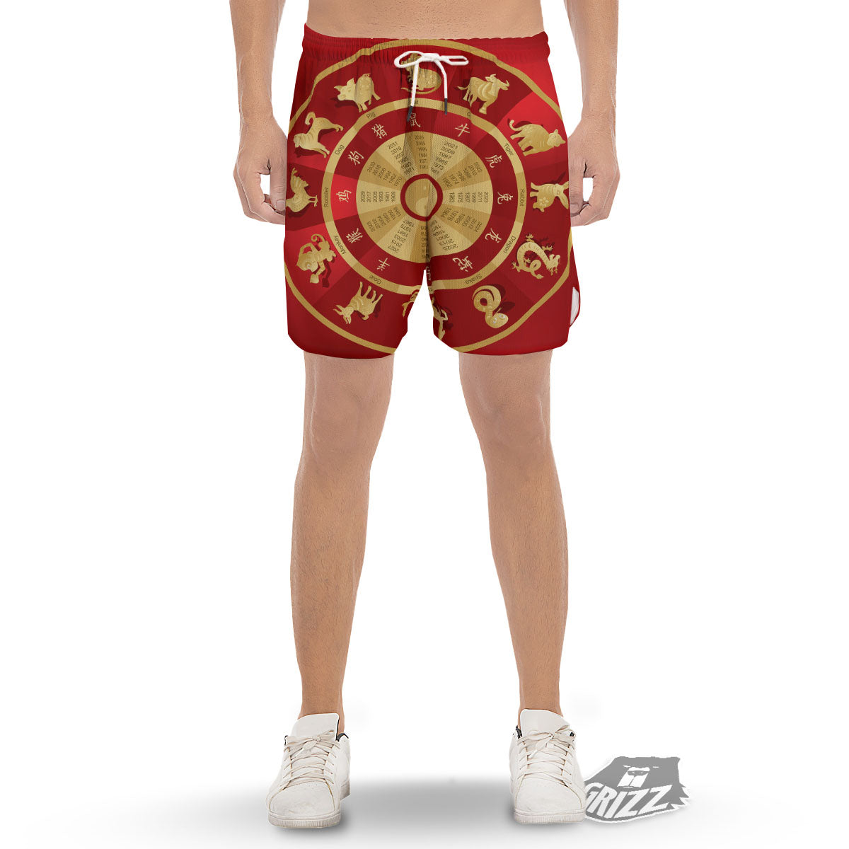 Zodiac Wheel Red Chinese Print Men's Gym Shorts-grizzshop