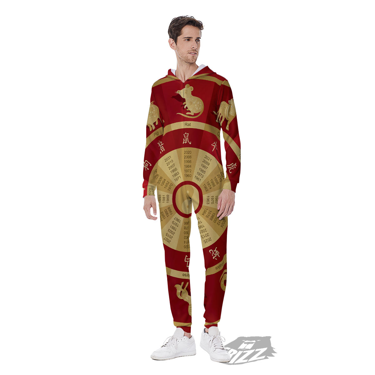 Zodiac Wheel Red Chinese Print Men's Jumpsuit-grizzshop