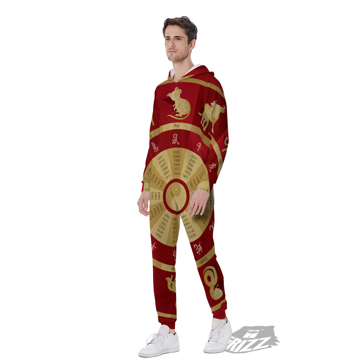 Zodiac Wheel Red Chinese Print Men's Jumpsuit-grizzshop