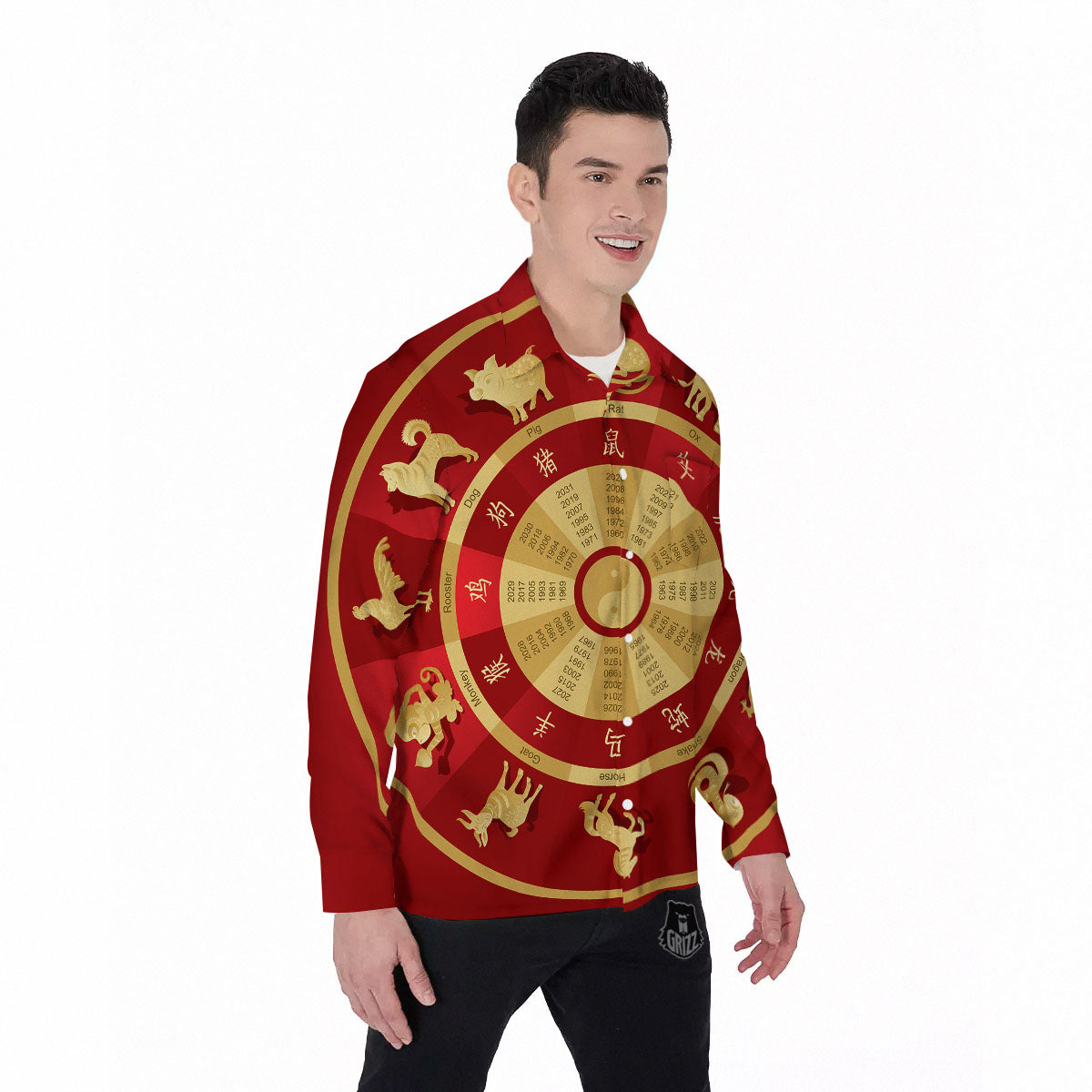 Zodiac Wheel Red Chinese Print Men's Long Sleeve Shirts-grizzshop