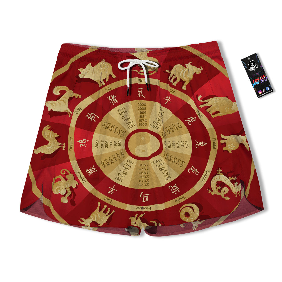 Zodiac Wheel Red Chinese Print Men's Running Shorts-grizzshop