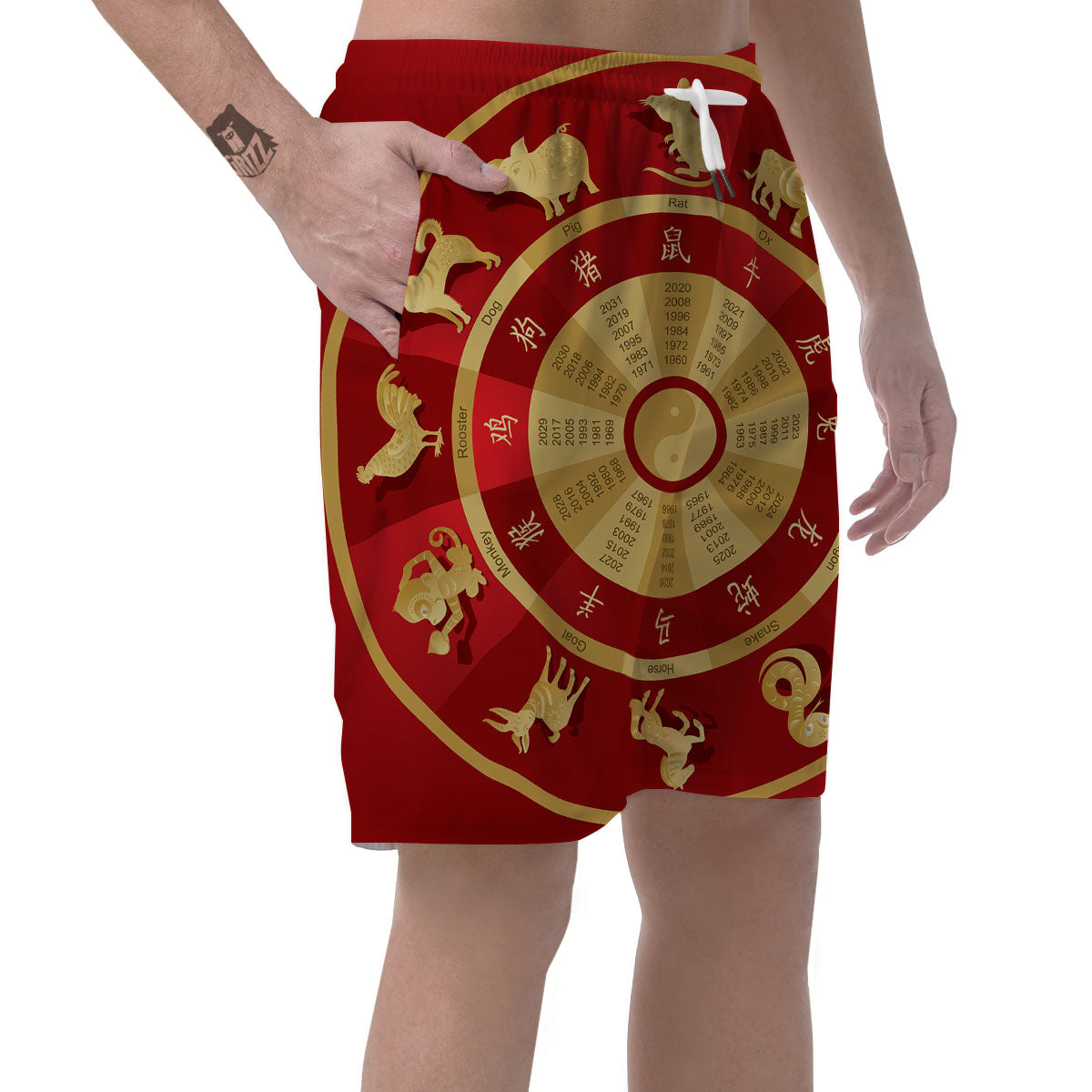 Zodiac Wheel Red Chinese Print Men's Shorts-grizzshop