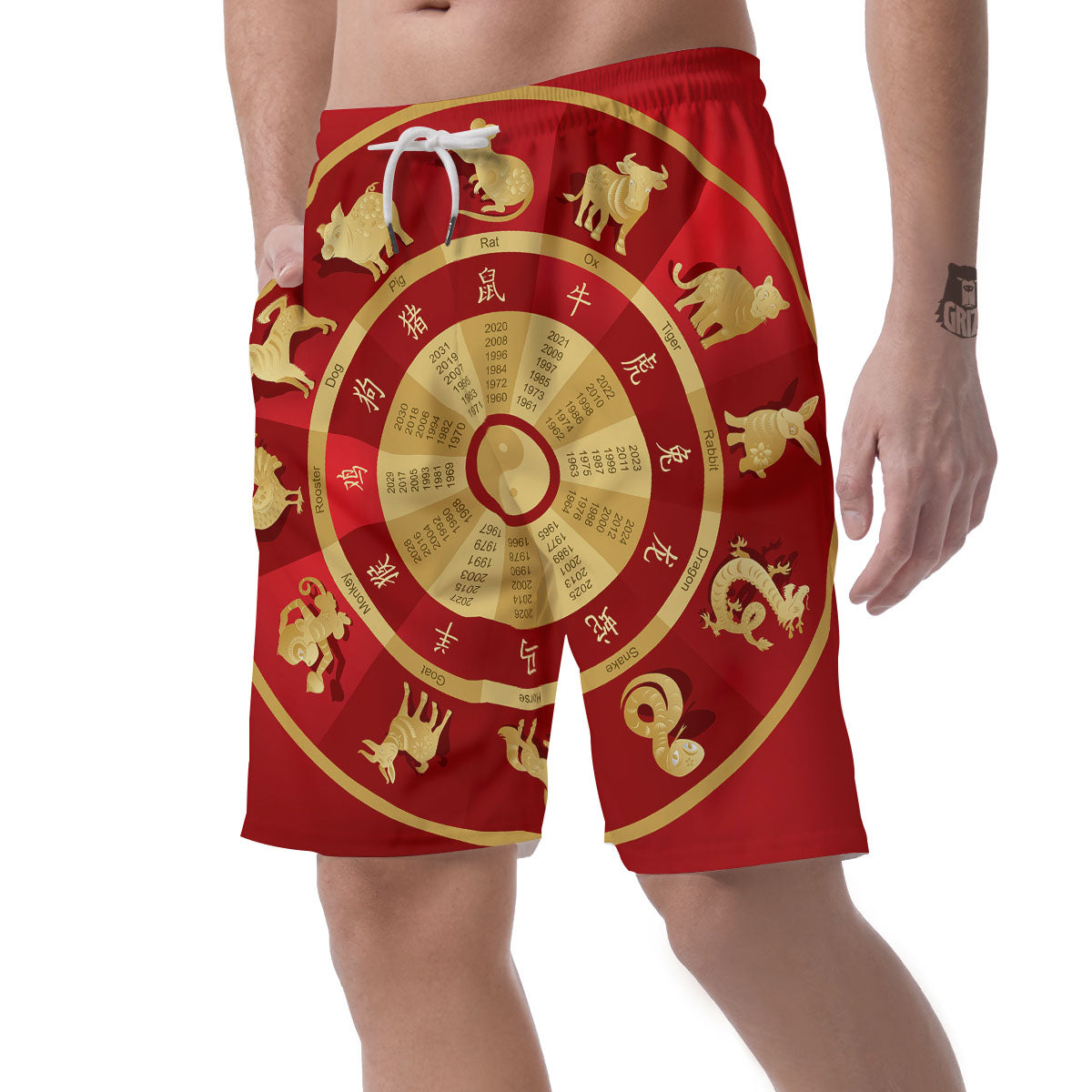 Zodiac Wheel Red Chinese Print Men's Shorts-grizzshop