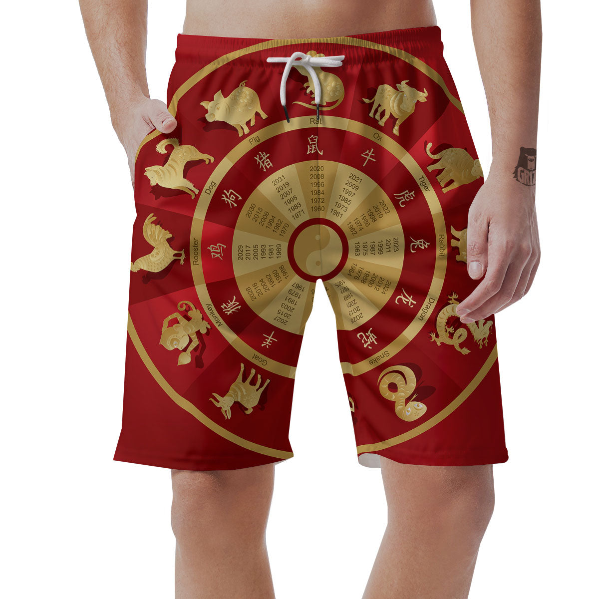 Zodiac Wheel Red Chinese Print Men's Shorts-grizzshop