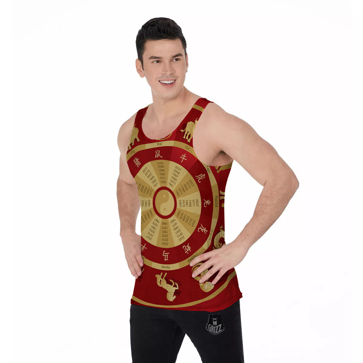 Zodiac Wheel Red Chinese Print Men's Tank Top-grizzshop