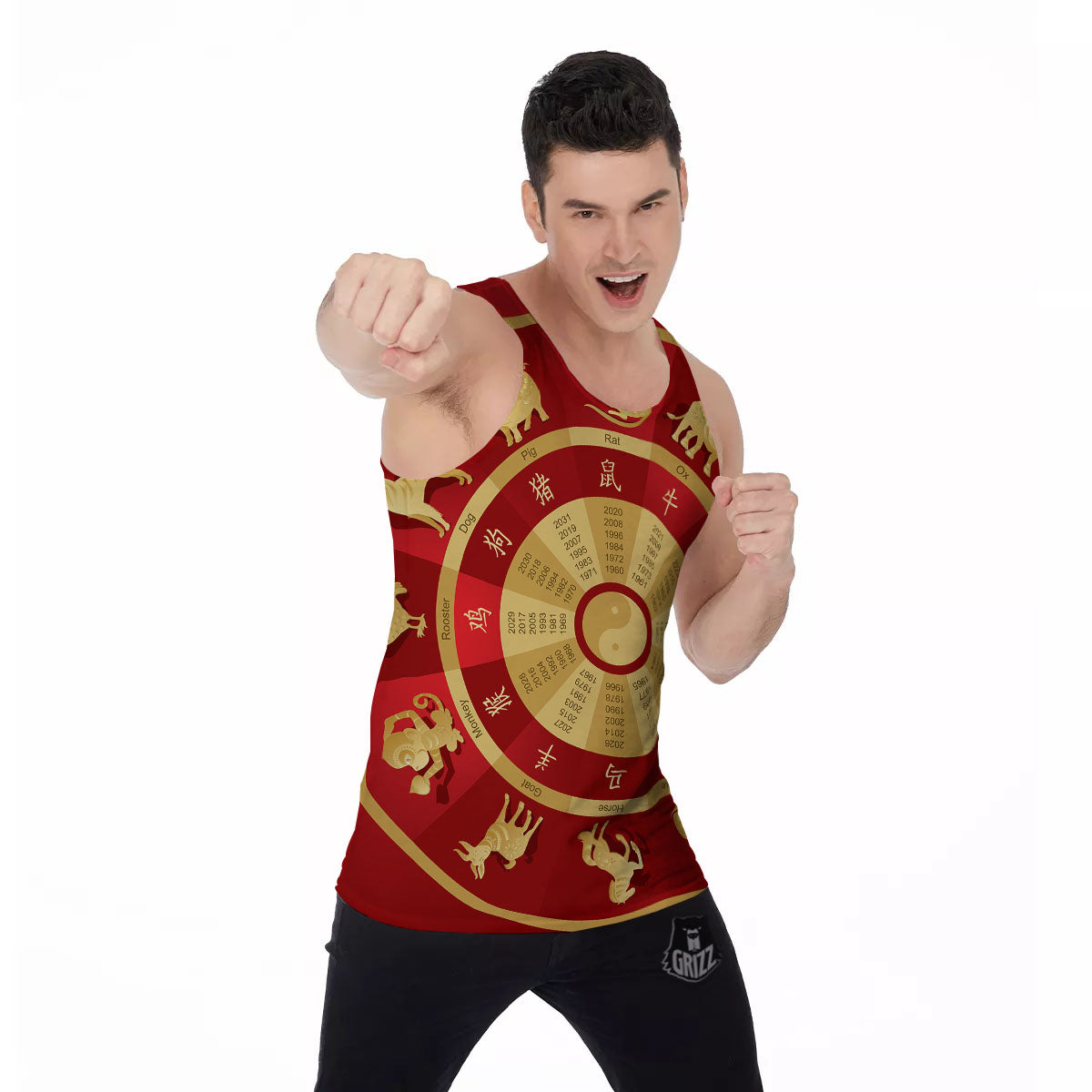 Zodiac Wheel Red Chinese Print Men's Tank Top-grizzshop