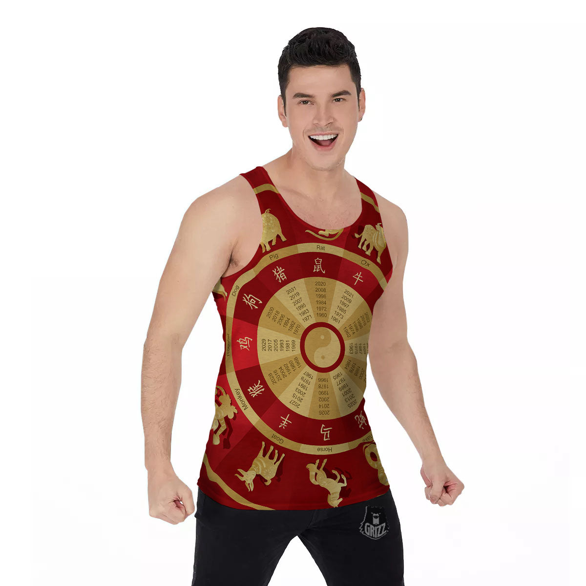Zodiac Wheel Red Chinese Print Men's Tank Top-grizzshop