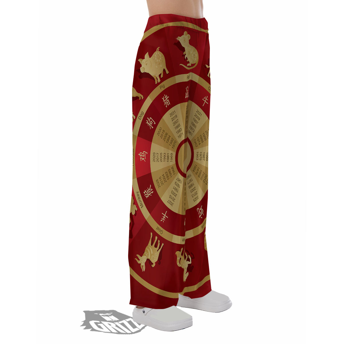 Zodiac Wheel Red Chinese Print Pajama Pants-grizzshop