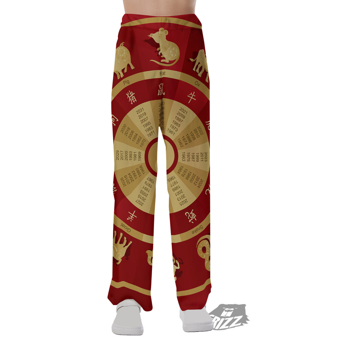Zodiac Wheel Red Chinese Print Pajama Pants-grizzshop