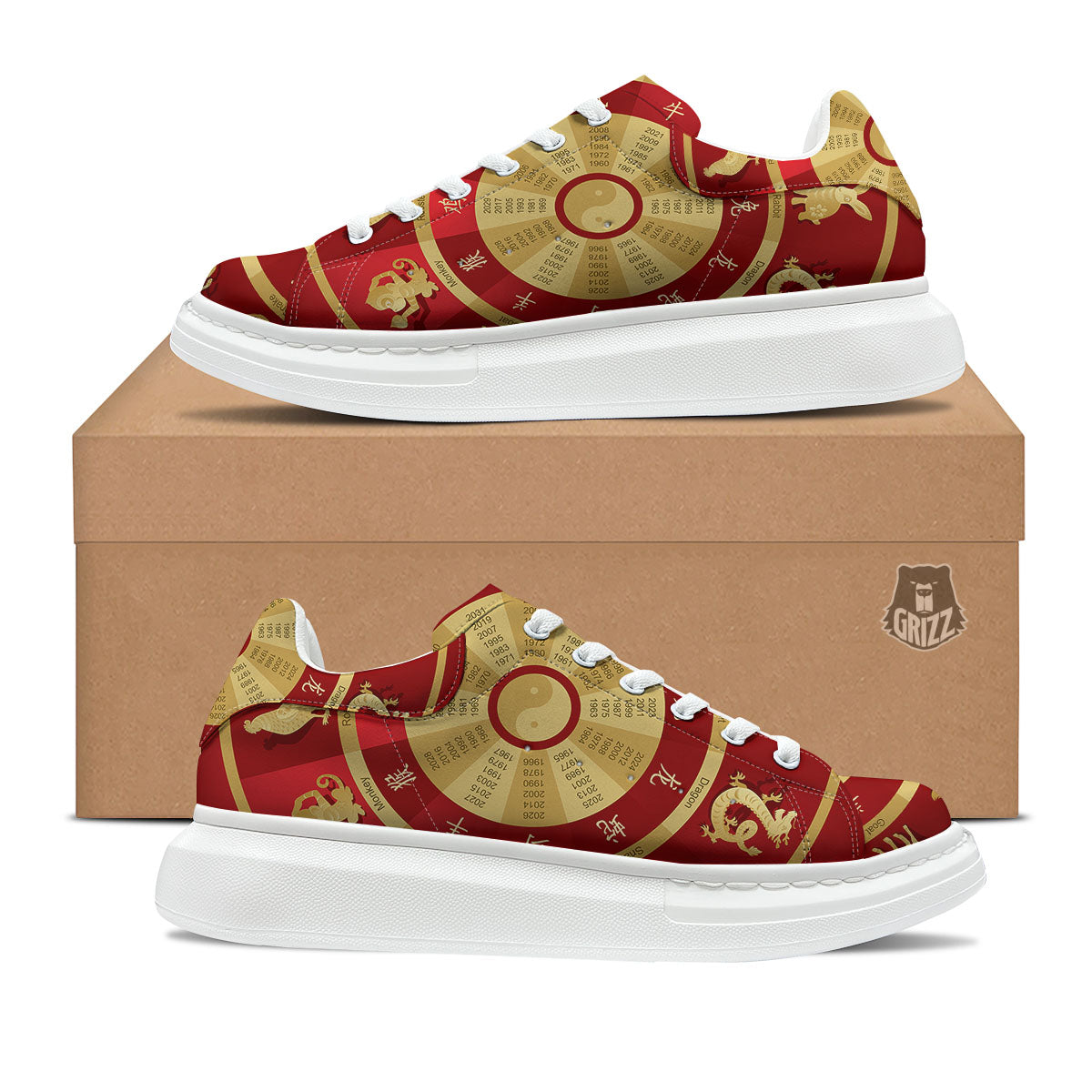 Zodiac Wheel Red Chinese Print Platform Shoes-grizzshop