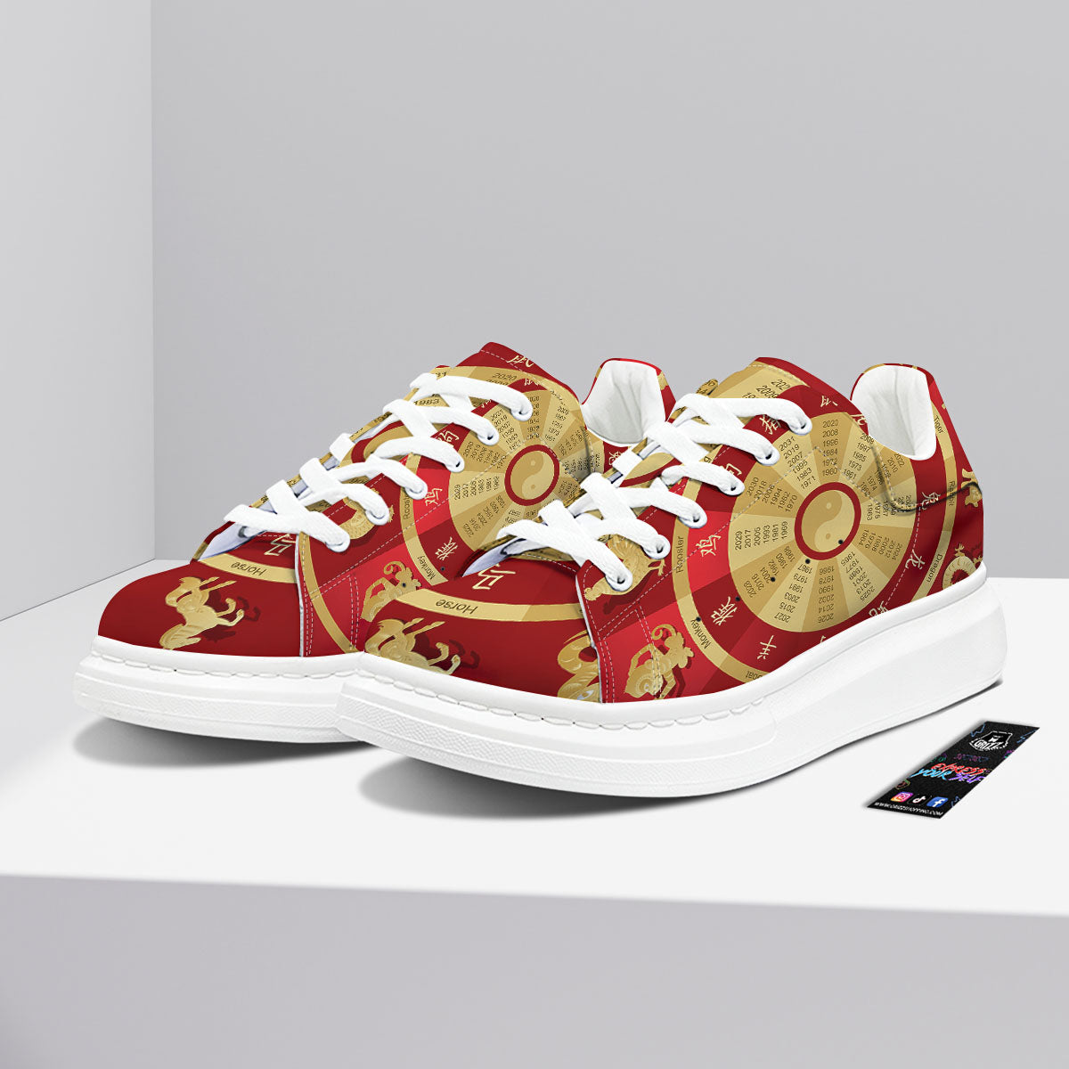 Zodiac Wheel Red Chinese Print Platform Shoes-grizzshop