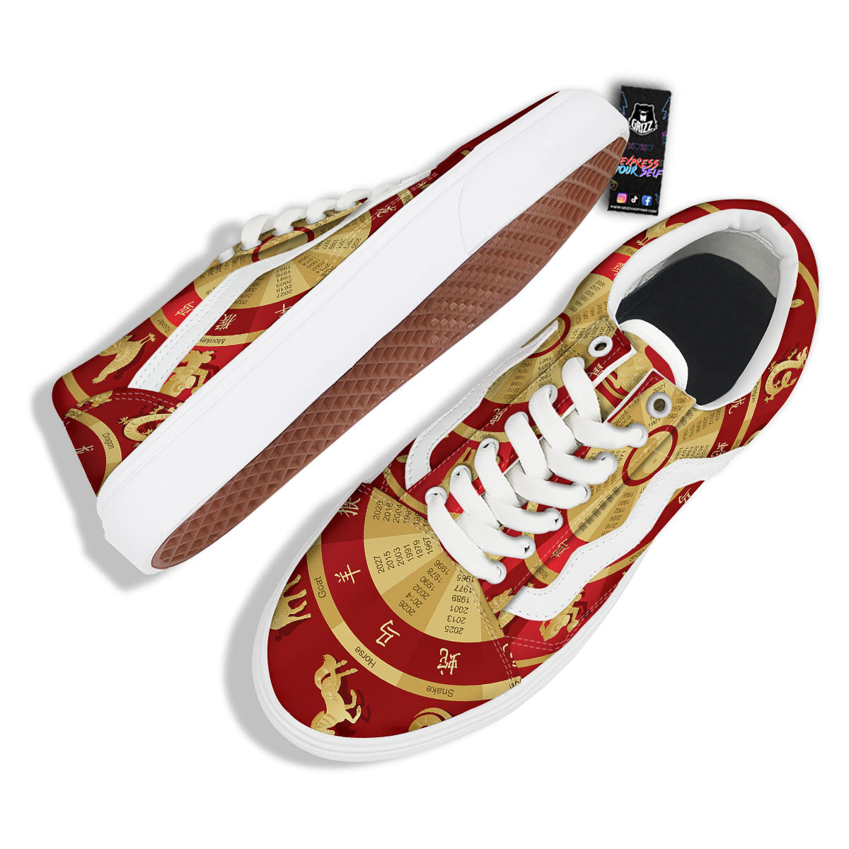 Zodiac Wheel Red Chinese Print Skate Shoes-grizzshop