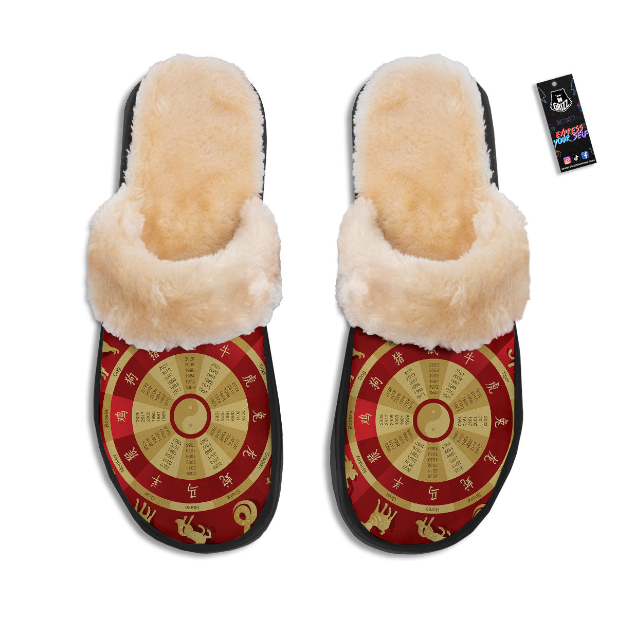 Zodiac Wheel Red Chinese Print Slippers-grizzshop