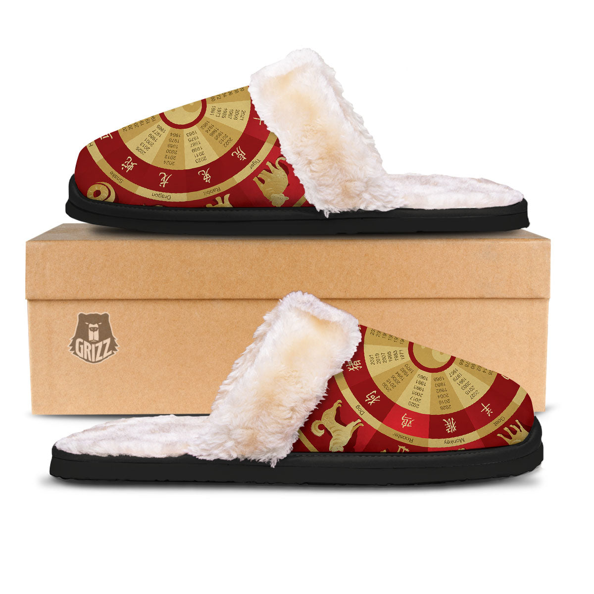 Zodiac Wheel Red Chinese Print Slippers-grizzshop