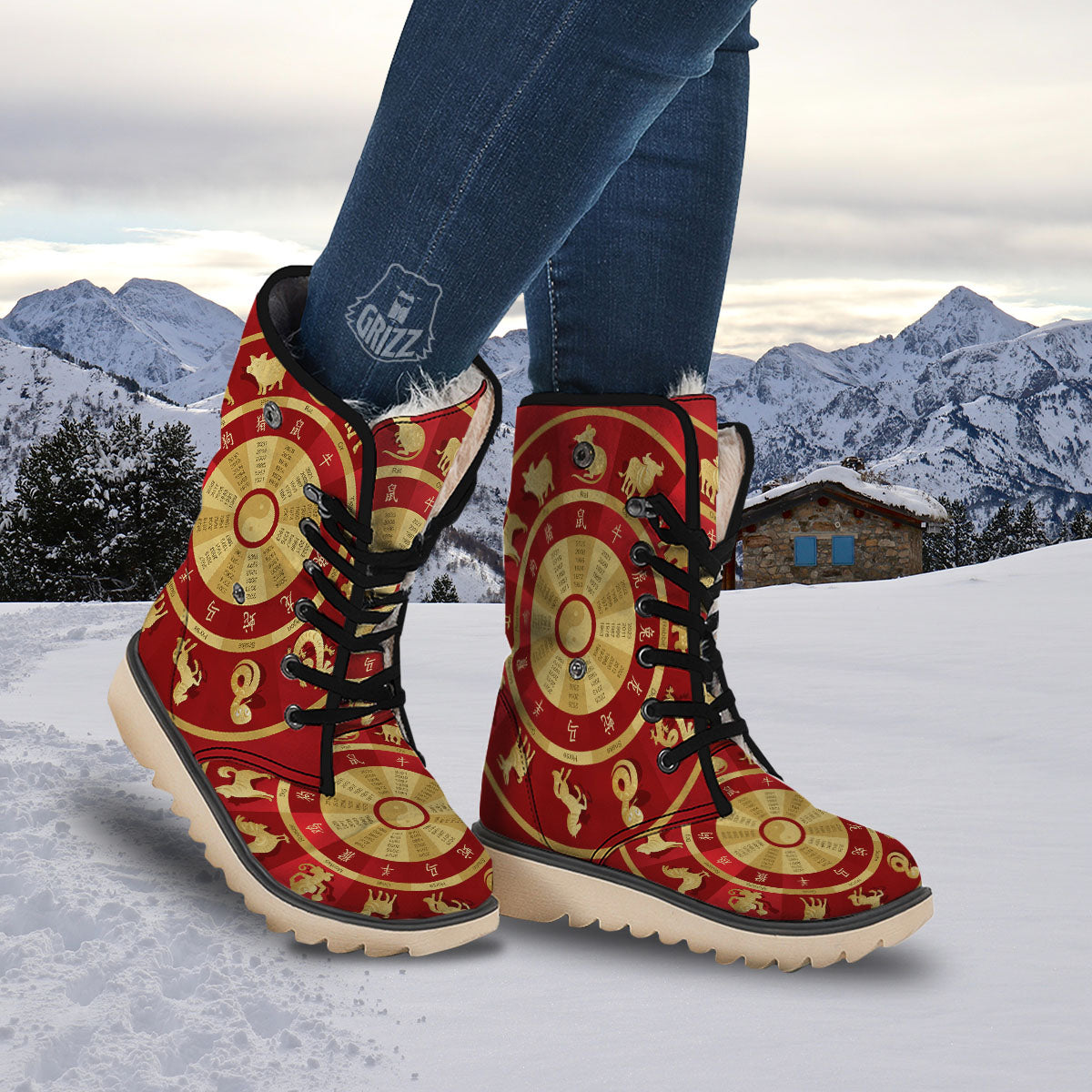 Zodiac Wheel Red Chinese Print Snow Boots-grizzshop