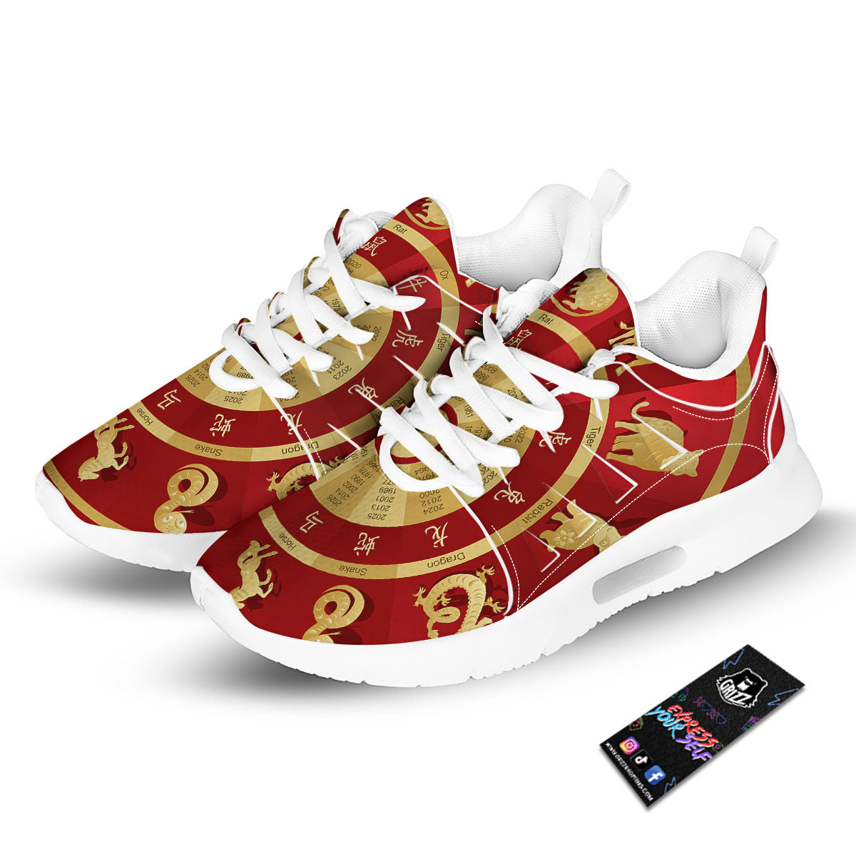 Zodiac Wheel Red Chinese Print Tennis Shoes-grizzshop