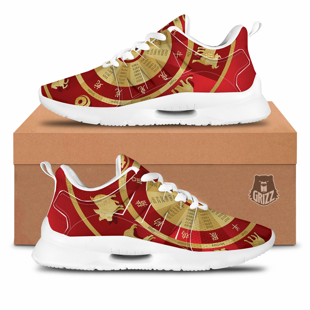 Zodiac Wheel Red Chinese Print Tennis Shoes-grizzshop